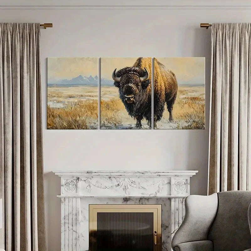 3pcs Artistic Bison Landscape Winter Scene Metal Print Ready to Hang Art - Bella Home Decor