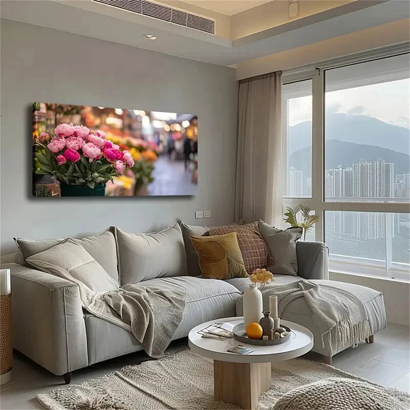 Bunch Of Flower Bustling Street Wall Art Canvas Office Home Room Framed 120x60cm
