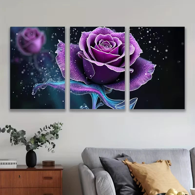 3pcs Vibrant Purple Roses & Water Drops Metal Print Ready to Hang Art