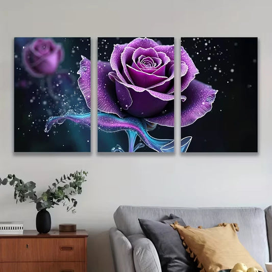 3pcs Vibrant Purple Roses & Water Drops Metal Print Ready to Hang Art