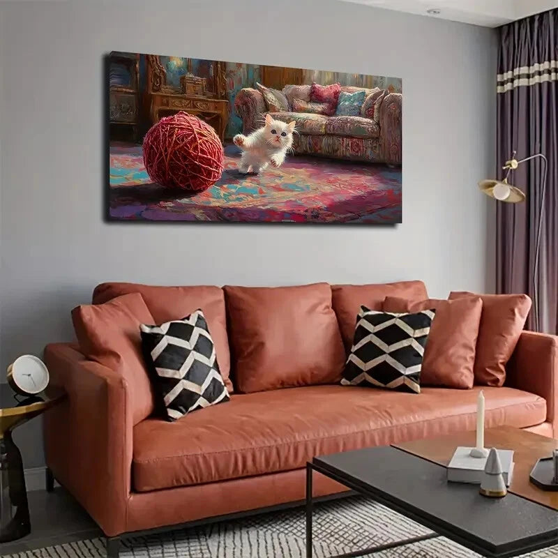 A Scene of a Little White Cat Wall Art Canvas Office Home Room Framed 120x60cm - Bella Home Decor