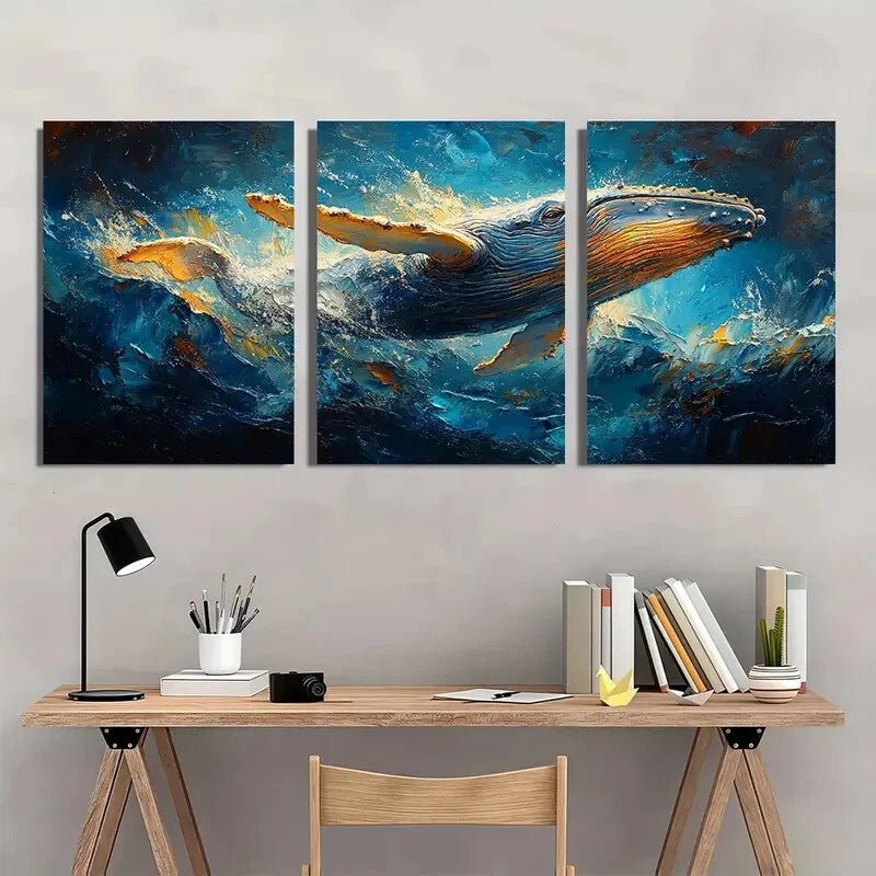 3pcs Whale Painting Breaching Humpback Whale Metal Print Ready to Hang Art - Bella Home Decor