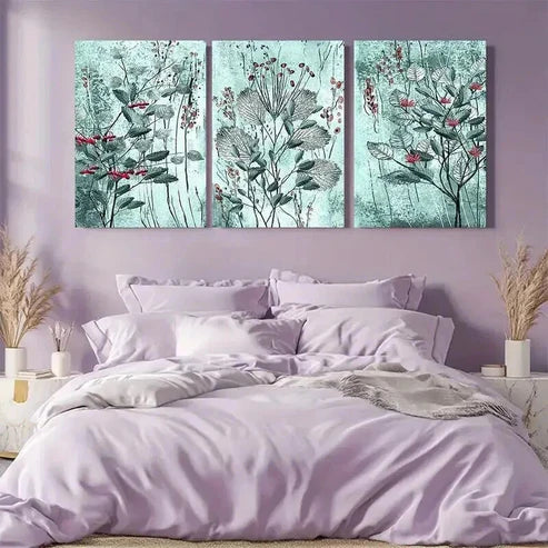 3pcs Blue & Green Leaf Design with Red Berries  Art Set Canvas Unframed - High Quality Print 100% Australian Made Wall Canvas - Bella Home Decor