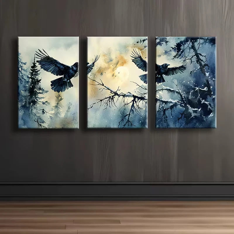 3pcs Crow on Branch Design Wall Art Set Canvas Framed 50x70cm - High Quality Print 100% Australian Made Wall Canvas Ready to Hang - Bella Home Decor