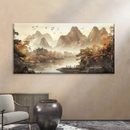 Autumn Landscape with Misty Wall Art Canvas Office Home Room Framed 120x60cm