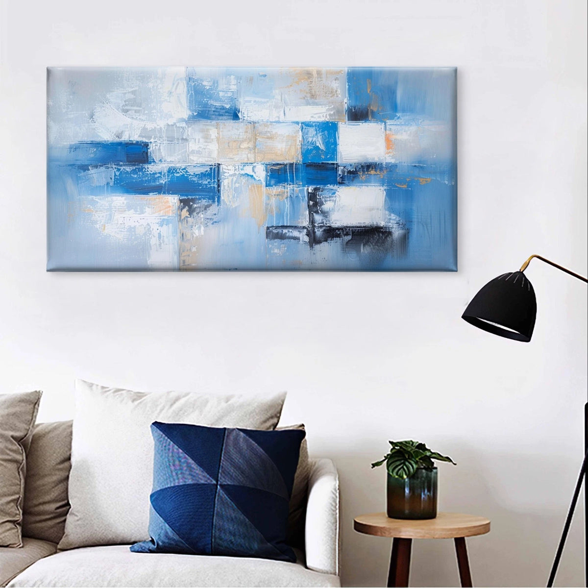 Blue and White Block Abstract Wall Art Canvas Office Home Framed 120x60cm