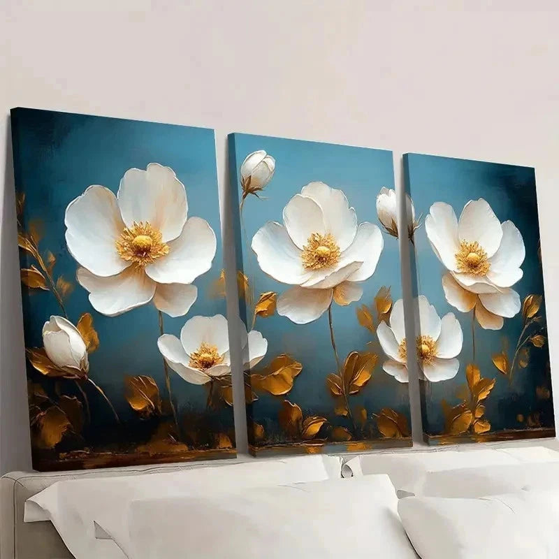 3pcs Golden Leaves - Classic White Flowers p   Wall Art Set Canvas Framed 50x70cm - High Quality Print 100% Australian Made Wall Canvas Ready to Hang - Bella Home Decor