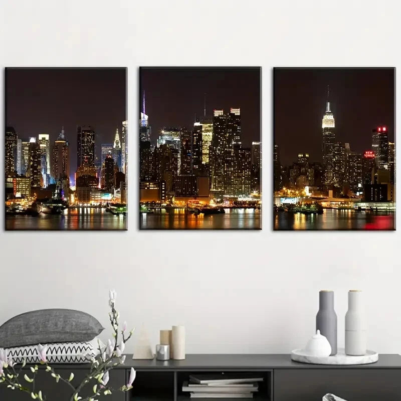 3pcs New York City Night View Skyline Perfect Wall Art Set Canvas Framed 60x90cm - High Quality Print 100% Australian Made Wall Canvas Ready to Hang - Bella Home Decor