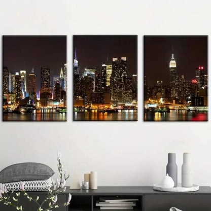 3pcs New York City Night View Skyline Perfect Wall Art Set Canvas Framed 60x90cm - High Quality Print 100% Australian Made Wall Canvas Ready to Hang - Bella Home Decor
