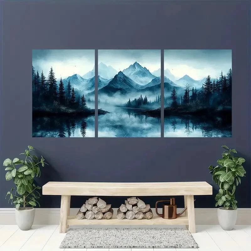 3pcs Abstract Misty Forest & Mountain Landscape Metal Print Ready to Hang Art - Bella Home Decor