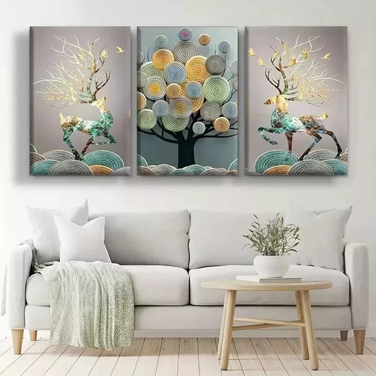 3pcs Abstract Chinese Feng Shui Golden Rich Tree Wall Art Set Canvas Framed 50x70cm - High Quality Print 100% Australian Made Wall Canvas Ready to Hang