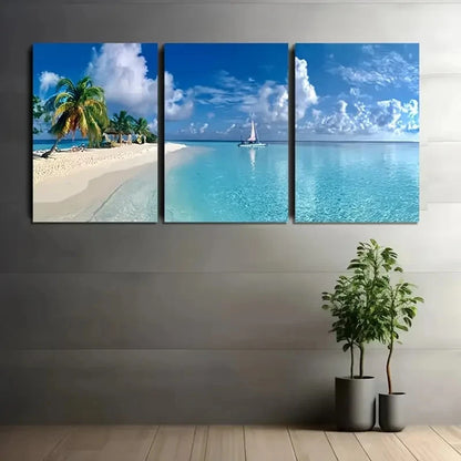 3pcs Blue Crystal Clear Sea & White Sandy Wall Art Set Canvas Framed 50x70cm - High Quality Print 100% Australian Made Wall Canvas Ready to Hang - Bella Home Decor