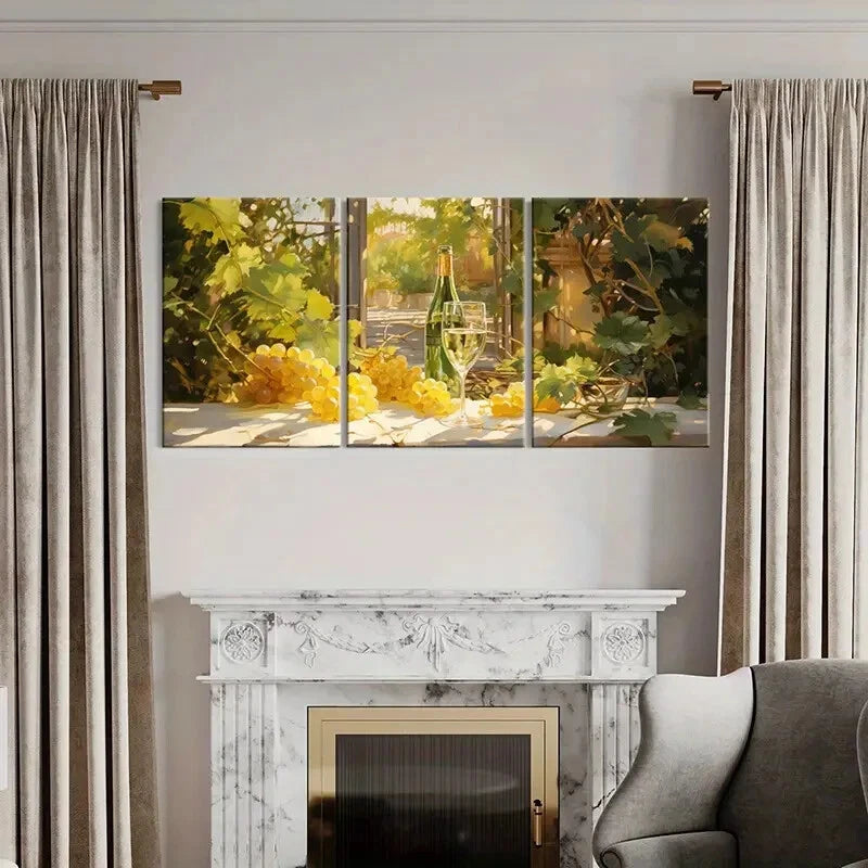 3pcs Vintage Wine & Grape Vineyard Sunlit Scene Metal Print Ready to Hang Art - Bella Home Decor