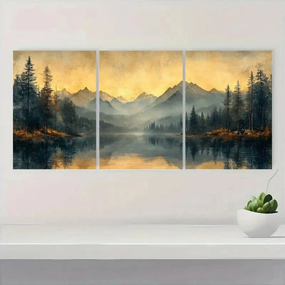 3pcs Dark moody Wooden Landscape Poster Metal Print Ready to Hang Art - Bella Home Decor
