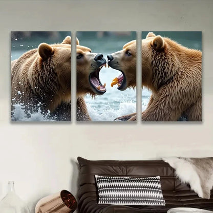 3pcs Brown Bears Fighting In Water Wall Art Set Canvas Framed 40x60cm - High Quality Print 100% Australian Made Wall Canvas Ready to Hang - Bella Home Decor