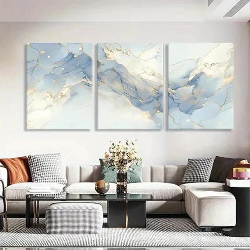 3pcs Blue and Golden Marble Elegant Perfect Wall Art Set Canvas Unframed - High Quality Print 100% Australian Made Wall Canvas - Bella Home Decor