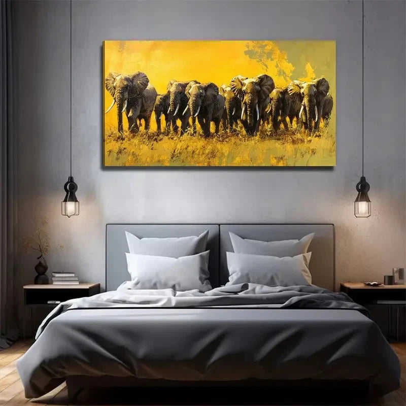 Majestic Elephant Herd Modern Wall Art Canvas Office Home Room Framed 120x60cm