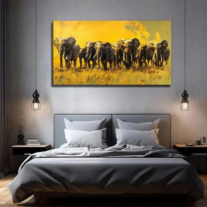 Majestic Elephant Herd Modern Wall Art Canvas Office Home Room Framed 120x60cm