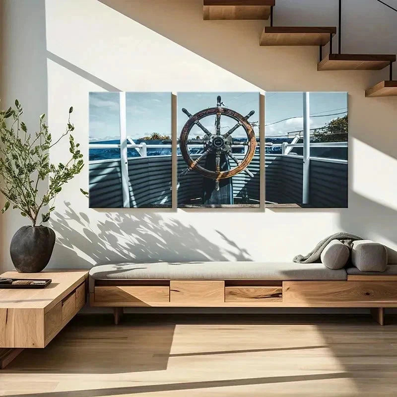 3pcs Nautical Rudder Ship Portrait Wall Art Set Canvas Framed 50x70cm - High Quality Print 100% Australian Made Wall Canvas Ready to Hang