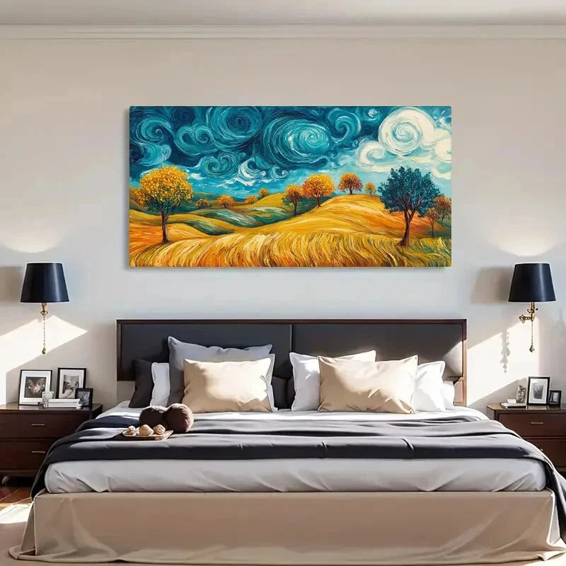 Yellow Field Swirling Sky Wall Art Canvas Office Home Room Framed 120x60cm - Bella Home Decor