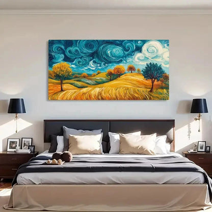 Yellow Field Swirling Sky Wall Art Canvas Office Home Room Framed 120x60cm - Bella Home Decor