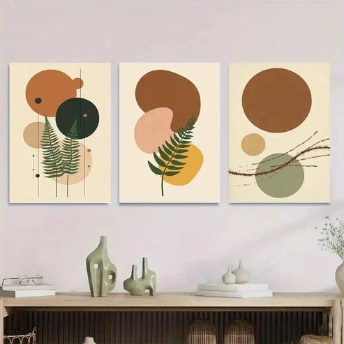 3pcs Geometric & Nature Abstract Botanical Wall Art Set Canvas Unframed - High Quality Print 100% Australian Made Wall Canvas - Bella Home Decor