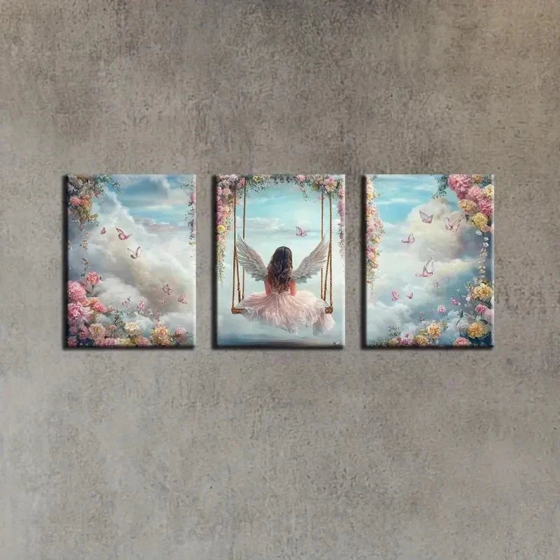 3pcs Angel Sitting On A Swing Artwork Metal Print Ready to Hang Art - Bella Home Decor