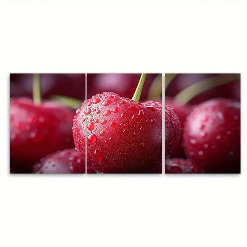 3pcs Ripe Cherry Juicy Fruit Illustration Wall Art Set Canvas Unframed - High Quality Print 100% Australian Made Wall Canvas