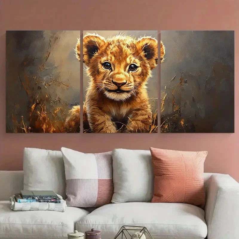 3pcs Lion Cub Portrait Illustration Metal Print Ready to Hang Art