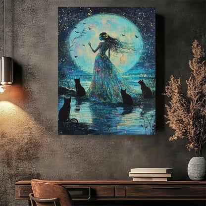 Beautiful Moonlit Cats Fantasy Vibrant Painting 40x60cm Metal Print Ready to Hang - Bella Home Decor