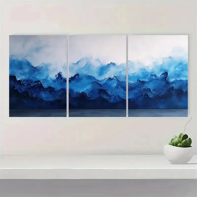 3pcs Cobalt Blue Painting Watercolor Art Aqua Metal Print Ready to Hang Art - Bella Home Decor
