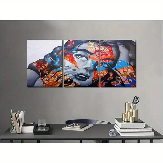 3pcs Featuring a Vibrant Portrait of a Woman Metal Print Ready to Hang Art