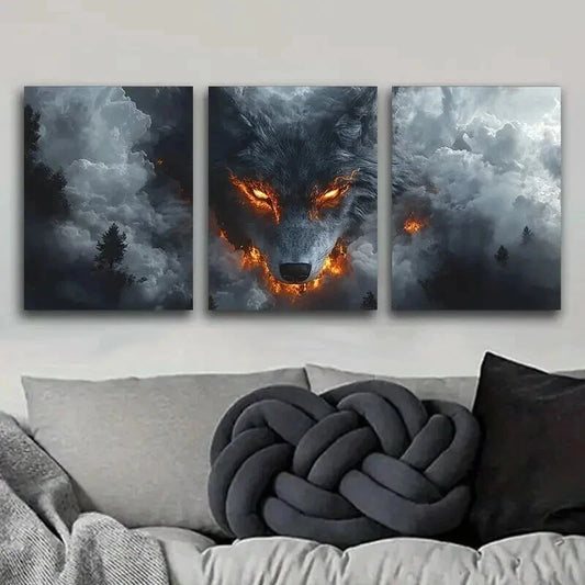 3pcs A White Wolf with Fiery Eyes Perfect Wall Art Set Canvas Framed 50x70cm - High Quality Print 100% Australian Made Wall Canvas Ready to Hang