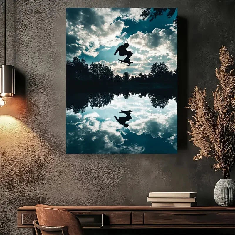 Beautiful Skateboarder Reflection On Calm Painting 40x60cm Metal Print Ready to Hang - Bella Home Decor