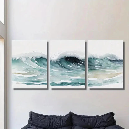 3pcs , Ocean waves watercolor painting, Metal Print Ready to Hang Art