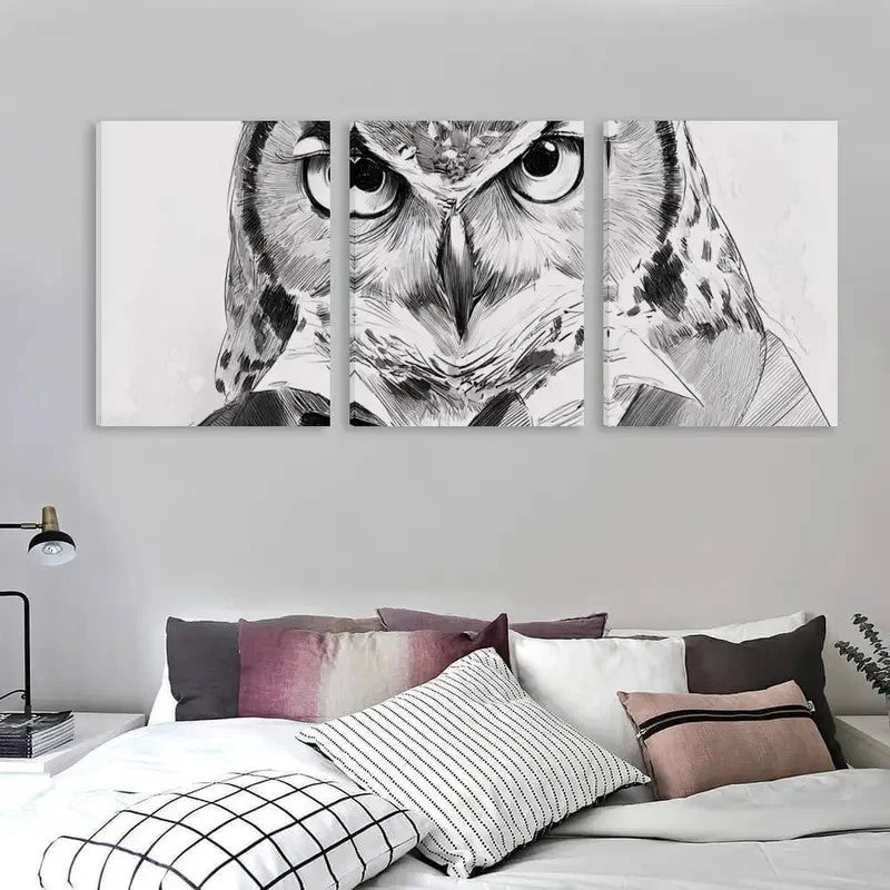 3pcs Black and White Owl Design   Wall Art Set Canvas Framed 60x90cm - High Quality Print 100% Australian Made Wall Canvas Ready to Hang - Bella Home Decor