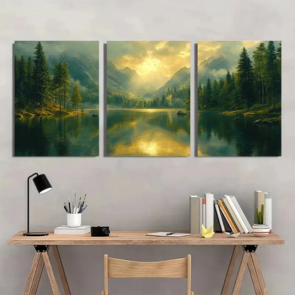 3pcs Abstract Green Forest Lake Nature Art Metal Print Ready to Hang Art - Bella Home Decor