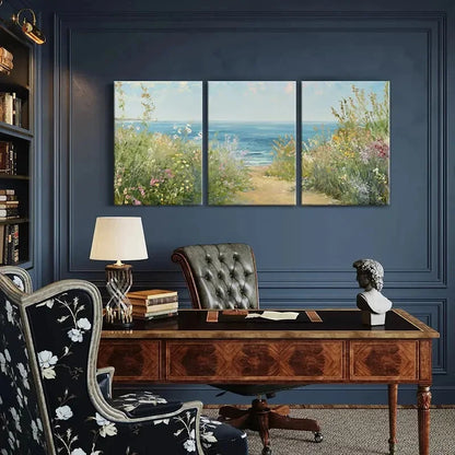 3pcs Seaside Pathway Floral Border Ocean View Metal Print Ready to Hang Art - Bella Home Decor