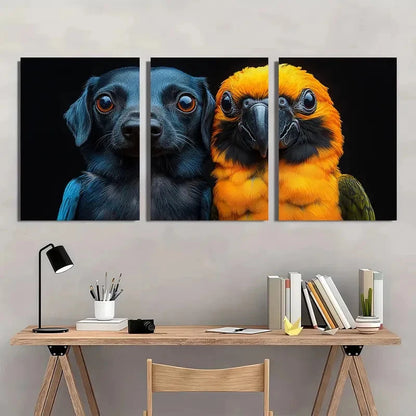 3pcs Dachshund and Parrot Yellow and Blue Wall Art Set Canvas Framed 40x60cm - High Quality Print 100% Australian Made Wall Canvas Ready to Hang - Bella Home Decor