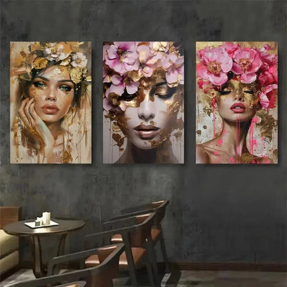 3pcs Floral Crown Woman Portrait Elegant Perfect Wall Art Set Canvas Framed 60x90cm - High Quality Print 100% Australian Made Wall Canvas Ready to Hang - Bella Home Decor