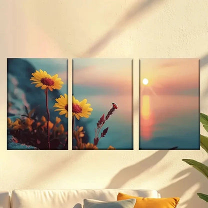 3pcs Flowers on the sunset coast Wall Art Set Canvas Framed 40x60cm - High Quality Print 100% Australian Made Wall Canvas Ready to Hang - Bella Home Decor