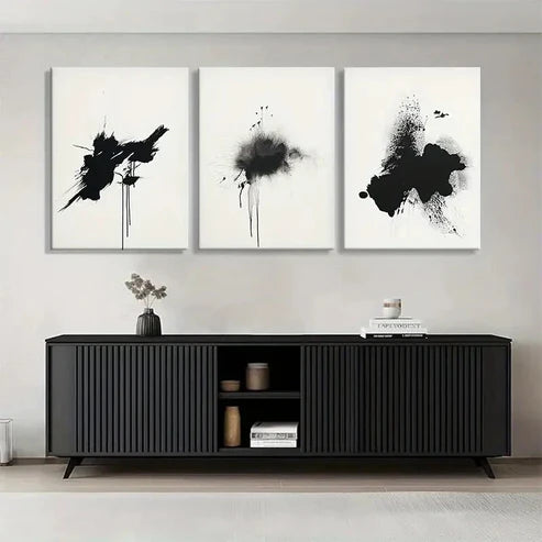 3pcs Black Ink Abstract Splatter Bold Perfect Wall Art Canvas Unframed – High Quality Print 100% Australian Made Wall Canvas - Bella Home Decor