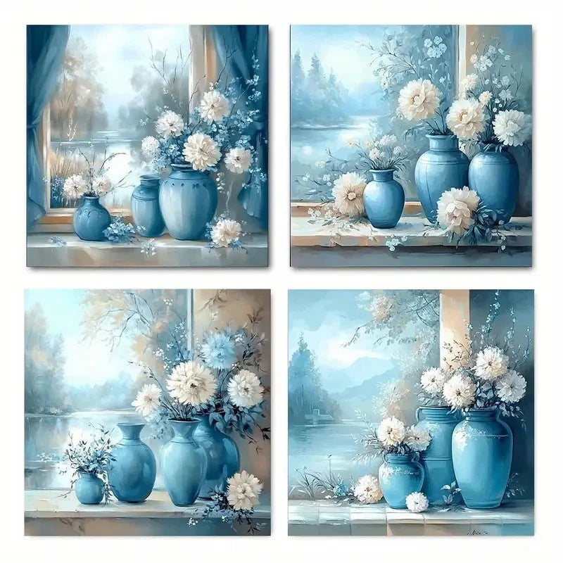 4pcs Blue & White Flower Vase Prints Wall Art Canvas Framed