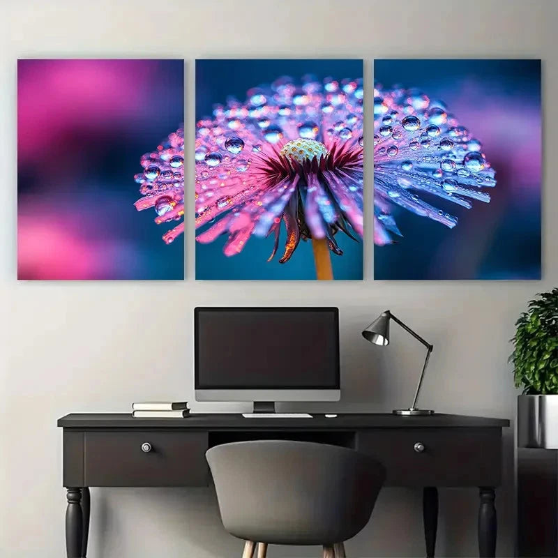 3pcs Dandelion with Water Droplets Soft Focus Metal Print Ready to Hang Art - Bella Home Decor