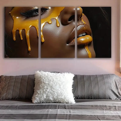 3pcs Woman With Golden Dripping Makeup Wall Art Set Canvas Framed 50x70cm - High Quality Print 100% Australian Made Wall Canvas Ready to Hang