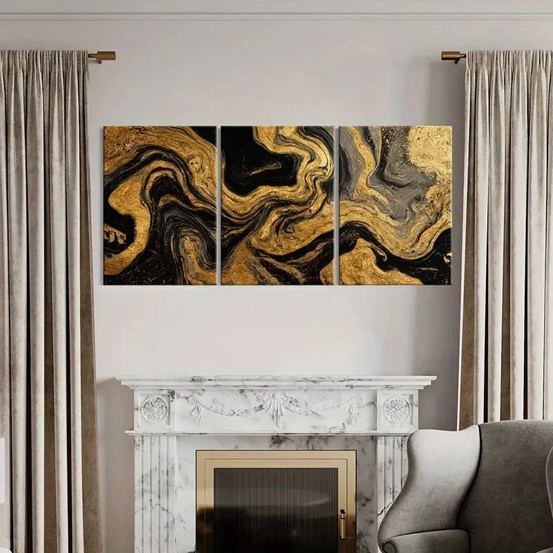 3pcs Modern Abstract Golden Black Swirls Art Metal Print Ready to Hang Art - Bella Home Decor