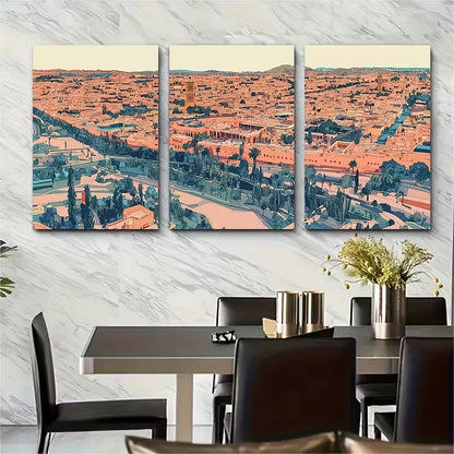 3pcs Vibrant Cityscape with Red-Orange Hues Metal Print Ready to Hang Art