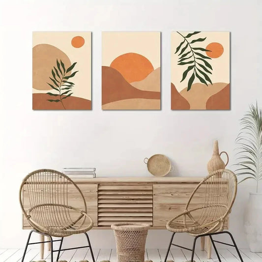 3pcs Minimalist Bohemian Leaf & Sunset Metal Print Ready to Hang Art