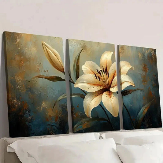 3pcs Vintage Lily Art Holes for Easy Wall Art Set Canvas Framed 40x60cm - High Quality Print 100% Australian Made Wall Canvas Ready to Hang
