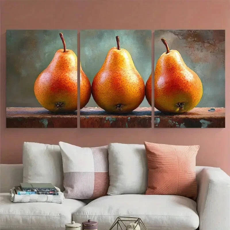 3pcs Vibrant Pears Fruit Illustration Metal Print Ready to Hang Art - Bella Home Decor